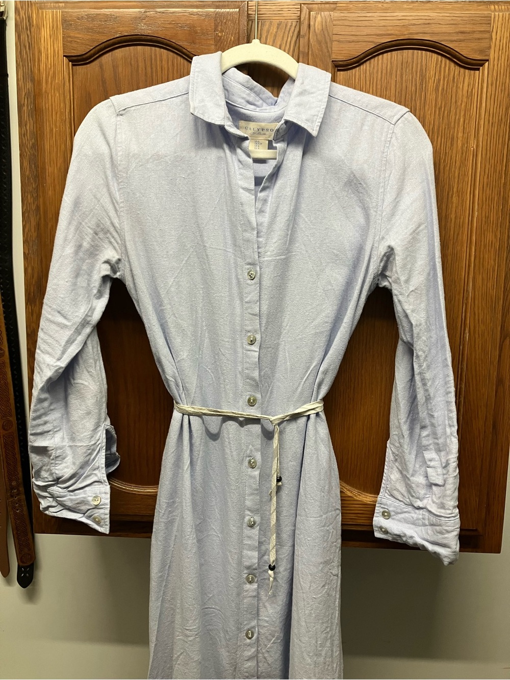 Calypso St. Barth Pale Blue Button-Front Midi Shirtdress with Waist Tie